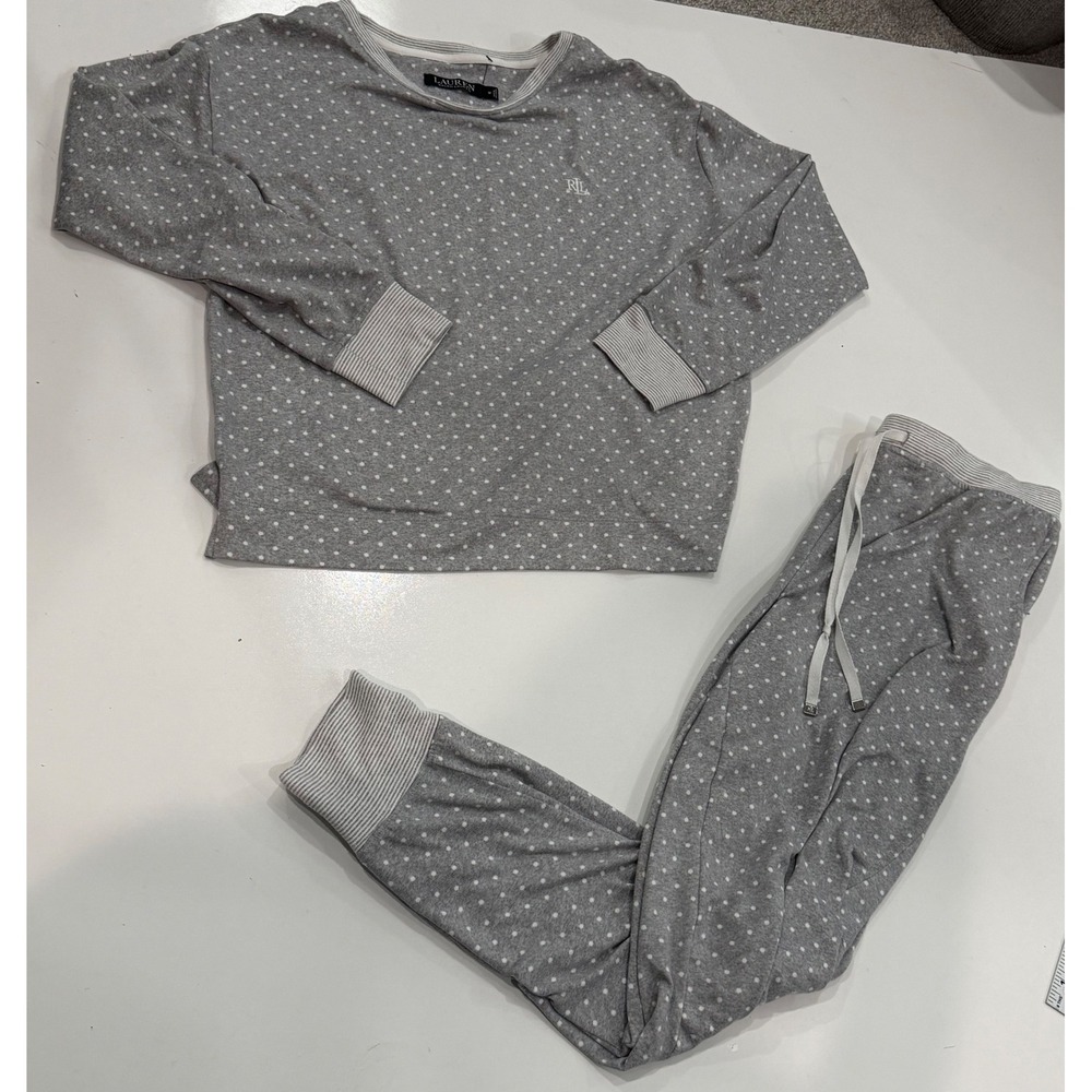 Lauren Ralph Lauren Pajama Set Gray Polka Dot Top and Jogger Pants Medium